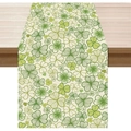 Linen table runner with green clover print for St. Patrick's Day holiday table decoration - Hand-painted All-over Shamrock (ZQT11-18) / 33*183cm