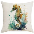 Linnen kussenhoes met kleurrijke aquarel zeepaardje en koraal op een crème achtergrond - 45*45cm Linnen Enkelzijdig Geen Vulling / Zeepaardje Stijl (DYM114-1)