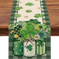 St. Patrick's Day table runner with green shamrocks, daisies and white plaid borders - Green Gingham Daisy Shamrock (ZQT11-19) / 33*183cm