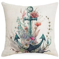 Kussensloop met marine-anker en aquarel bloemmotief met linnen textuur afwerking - 45*45cm Linnen Enkelzijdig Geen Vulling / Bloemen Anker (DYM114-2)