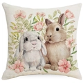Easter throw pillow cover with watercolor rabbit and floral print on linen texture - Single Sided Printing Without Insert / Double Rabbit Floral (DYM217-2)