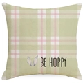Square Easter pillow cover with bunny ears and 'BE HOPPY' text on green plaid pattern - Single Sided Printing Without Insert / Plaid Rabbit Ears (DYM217-3)