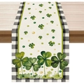 Saint Patrick's Day table runner with green shamrocks and black-white checkered border - Gingham Border Shamrock Design (ZQT11-24) / 33*183cm