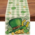 St. Patrick's Day table runner with green shamrock patterns on checkered linen fabric - Horseshoe Shamrock Pattern (ZQT11-26) / 33*183cm