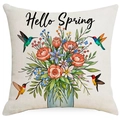 Linen Spring floral pillow cover with Hello Spring text and colorful hummingbirds - Hello Spring Printed Pattern (DYM230-4(2)) / 45x45cm Single Side (No Inner)