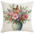 Linnen kussensloop met bloemenprint, keramische vaas en vlinders op een beige achtergrond - Gebroken Wit Vaas Vlinder (DYM230-6-2) / 45*45cm Linnen Enkelzijdig Zonder Kern