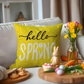 Noords geel Pasen kussensloop met hello SPRING tekst en bloemmotieven op de bank - Hello Spring Tulp Letter (DYM122-5 (2)) / 45*45cm Linnen Enkelzijdig Zonder Kern