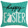 Easter throw pillow case with Happy Easter text and rabbit silhouette on teal leaf background - Blue Leaves Happy Easter (DYM221-6 (2)) / 45*45cm Single-Sided Linen (Insert Not Included)