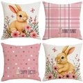 Lot de 4 housses de coussin lapin de Pâques avec motifs floraux roses et carreaux - Ensemble de Combinaison Complète (DYM230-1(5)) / 45*45cm Lin Simple Face Sans Cœur