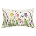 Détail de la housse de coussin en lin avec motifs de tulipes à l'aquarelle et abeilles - Motif Tulipe Lavande Abeille (DYM240-2)