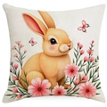 Housse de coussin lapin de Pâques rose avec motifs floraux pour déco de canapé - Illustration de Lapin et Fleurs (DYM230-1（1）) / 45*45cm Lin Simple Face Sans Cœur