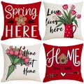 Set of four floral spring throw pillow covers with red tulip and heart patterns - 45*45cm Linen Single-Sided No Insert / 4-Piece Combination Set (DYM230-2 (5))
