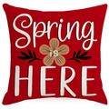 Red linen texture throw pillow cover with white floral print and Spring Is Here text - 45*45cm Linen Single-Sided No Insert / Spring Floral Letter Red (DYM230-2 (1))