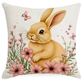 Housse de coussin lapin de Pâques floral rose pour décoration de canapé de salon élégant - Illustration Douce de Lapin et Papillon (DYM230-1(4)) / 45*45cm Lin Simple Face Sans Cœur