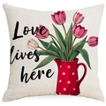 Floral print square cushion cover featuring a red polka dot jug and tulips artwork - 45*45cm Linen Single-Sided No Insert / Love Lives Here Tulip Beige (DYM230-2 (2))