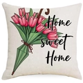 Floral print throw pillow cover with tulips and Home Sweet Home text for living room decor - 45*45cm Linen Single-Sided No Insert / Home Sweet Home Umbrella Tulip (DYM230-2 (3))