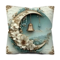 Detail view of moon and floral relief pillowcase with hanging bell and gold corners - 45*45cm (Insert Not Included) / Gold Edged Moon 3D Flower Style (DYM241-15)