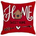 Red square cushion cover with Home Sweet Home floral birdhouse print for sofa decor - 45*45cm Linen Single-Sided No Insert / Home Sweet Home Birdhouse Red (DYM230-2 (4))