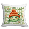 Fodera per cuscino quadrata bianca con smiley verde e design Lucky Charm - Palla Sorridente Berretto in Maglia (CDR95-4)