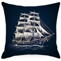 Kissenbezug aus Leinen mit weißem Segelschiff-Druck im marineblauen nautischen Stil - 45x45 cm / Segelboot-Muster (DYM227-4)