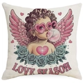 Funda de cojín de lino con estampado de ángel con alas rosas y rosas azules - 45*45cm Lino Una Cara Sin Relleno / Estilo Ángel Rosa (DYM93-1)