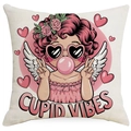 Funda de cojín de lino con estampado de ángel corazón y eslogan Cupid Vibes en rosa - 45*45cm Lino Una Cara Sin Relleno / Estilo Niña Ángel Burbujas (DYM93-3)