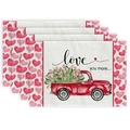 Set of 4 Valentine's placemats with vintage red truck, pink tulips and love heart motifs - 30x45cm / Pink Tulips and Truck (CDT09-8)