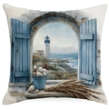 Coastal linen throw pillow cover with watercolor blue window and lighthouse print - Single Side Printing Without Core / Shutter Lighthouse (DYM232-2) / 18x18 Inch