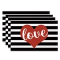 Set of 4 waterproof placemats with black white stripes and red love heart pattern - 30x45cm / Striped Hearts (CDT09-9)