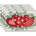 Set of 4 rectangular striped Valentine placemats with red hearts and eucalyptus leaves - 30x45cm / Eucalyptus and Hearts (CDT09-11)