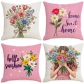 Set of four square linen pillow covers with pink floral and typographic home designs - Four Piece Collection (DYM230-5(5)) / Linen Single Side Without Core