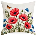 Quadratischer Kissenbezug mit roten Mohnblumen, blauen Blüten und orangefarbenem Falter - 45*45cm Einseitig Ohne Kern / Mohnblume Blauer Schmetterling Stil