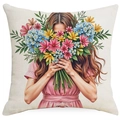 Rosa Blumen Kissenbezug mit Frau und Blumen im nordischen minimalistischen Stil - Mädchen mit Blumen Illustration (DYM230-5(4)) / Leinen Einseitig Ohne Kern