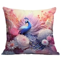 Detailed view of vibrant peacock and floral print on premium square cushion cover fabric - Vivid Peacock Flowers (CDR237-30) / 18x18 Inch