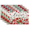 Set of 4 waterproof rectangular placemats with red roses and love text for Valentine's Day - 30x45cm / Watercolor Floral Heart (CDT09-15)