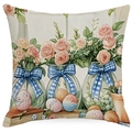 Oster-Kissenbezug aus Leinen mit Frühlingsblumen, rosa Rosen und bunten Eiern als Motiv - Blumenvasen und Eier Stil (DYM250-1) / 45*45cm (Kein Inlett)