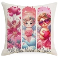 Square Valentine's Day pillowcase with Cupid illustrations and 'All You Need Is Love' text - 45*45cm Linen Single-Sided No Insert / Q-Version Cupid Illustration Style (DYM93-18)