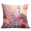 Close-up of pink peacock cushion cover with intricate feather details and floral motifs - Dreamy Pink Peacock (CDR237-16) / 18x18 Inch