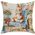 Ostern Frühling Kissenbezug aus Leinen mit Aquarell Hase Blumen und Frühlingsdruck - Hase und Bücher Stil (DYM250-2) / 45*45cm (Kein Inlett)