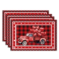 Set of 4 Valentine's Buffalo Plaid placemats with red heart truck and heart borders - 30x45cm / Red Black Plaid Truck (CDT09-16)