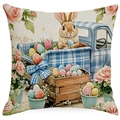 Oster-Kissenbezug aus Leinen mit Hasen im LKW zwischen Blumen und bunten Eiern - LKW und Hase Stil (DYM250-3) / 45*45cm (Kein Inlett)