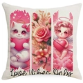 Valentine cushion cover with cat, rose, and cupid print featuring Love Vibes Only text - 45*45cm Linen Single-Sided No Insert / White Cat Angel Style (DYM93-20)