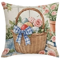 Oster-Kissenbezug mit Blumenkorb und bunten Eiern auf Leinenstoffstruktur - Korb und Eier Stil (DYM250-4) / 45*45cm (Kein Inlett)