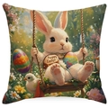 Oster-Kissenbezug mit Aquarell-Hase und bunten Eiern auf weißem Hintergrund - Hase auf Schaukel Stil (DYM251-1)