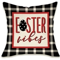 Easter vibes cushion cover with red buffalo plaid edges and bunny egg motif on linen fabric - Red Easter Plaid Border Style (DYM66-1)