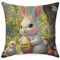 Oster-Kissenbezug mit Aquarell-Hase, Eiern und Blumen, Happy Easter Aufdruck Design - Hase mit Ei Stil (DYM251-2)