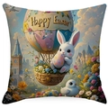 Oster-Kissenbezug mit Aquarell-Hase und Blumen-Heißluftballon vor einer Stadtansicht - Heißluftballon Hase Stil (DYM251-3)