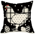 Farmhouse linen pillowcase featuring a rooster silhouette and eggs on black polka dot base - Black Plaid Rooster Style (DYM66-2)
