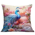 Square peacock and floral printed pillowcase in soft artistic blue and pink design - Painted Dreamy Peacock (CDR237-26) / 18x18 Inch