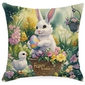 Oster-Kissenbezug mit Aquarell-Hase, Blumen und Happy Easter-Text auf weißem Hintergrund - Küken und Hase Stil (DYM251-4)